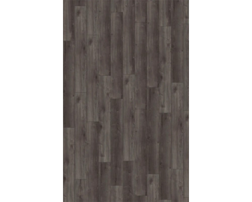 Laminatboden mit dunklem Holzdekor in Landhausdielen-Optik und sichtbarer Maserung.