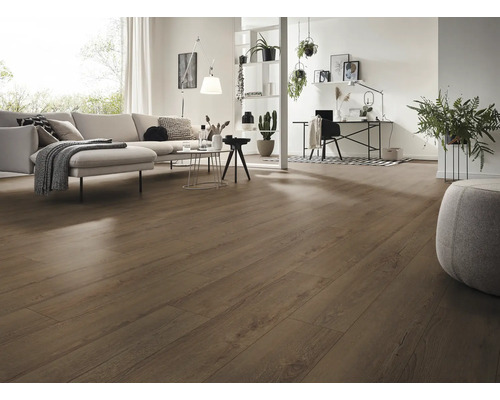 Modernes, helles Wohnzimmer mit dunklem Bodenbelag in Holzoptik, hellem Sofa und weißem Raumteiler-Regal mit Pflanzen.