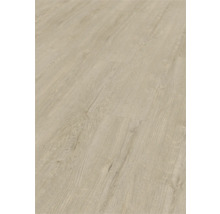 Bodenbelag in Holzoptik mit Maserung und Astlöchern in hellem Beige.