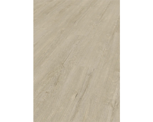 Bodenbelag in Holzoptik mit Maserung und Astlöchern in hellem Beige.