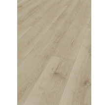 Laminatboden oder Vinylboden in Eichenoptik mit sichtbarer Holzmaserung und Astlöchern.