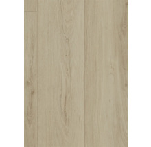 Laminatboden in Eichen-Optik, helle Holzmaserung mit Astlöchern, strukturierte Oberfläche.