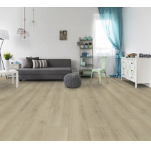 Modernes Wohnzimmer mit hellem Laminatboden in Eichenoptik, einem grauen Sofa und hellen Möbeln.