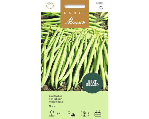 Mauser Logo. Samentüte Buschbohne Elmoro mit grünen Bohnen. Bestseller. Symbole: Aussaat Mai bis Juli, sonnig bis halbschattig, Höhe 40 Zentimeter.