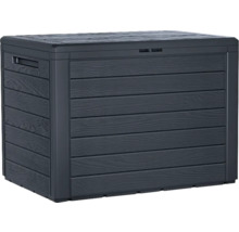 Coffre de jardin en plastique anthracite avec aspect bois et poignées latérales.