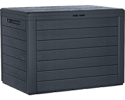 Auflagenbox Kunststoff 190 L anthrazit Gartenbox aus Kunststoff in Anthrazit mit Holzoptik und seitlichen Tragegriffen.