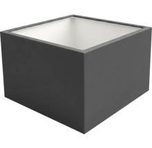 Quadratischer anthrazitfarbener Pflanzkübel mit weißer Innenseite, kubisches Design.