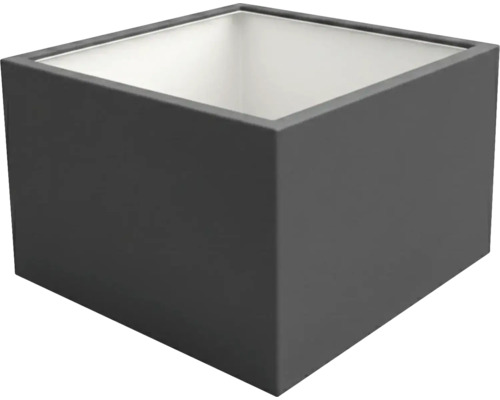 Quadratischer anthrazitfarbener Pflanzkübel mit weißer Innenseite, kubisches Design.