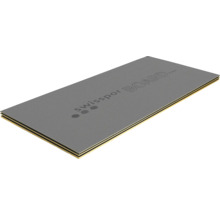 Pile de trois panneaux de construction Swisspor avec surface grise texturée et chants multicouches.