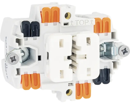 Vue arrière d'un mécanisme pour double prise de courant avec bornes à connexion rapide orange et noires, plastique blanc.