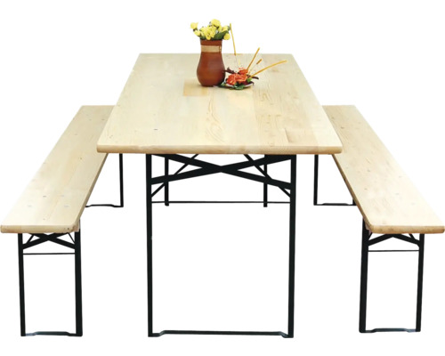 Ensemble de brasserie comprenant une table et deux bancs avec des plateaux en bois clair et un cadre en métal noir.