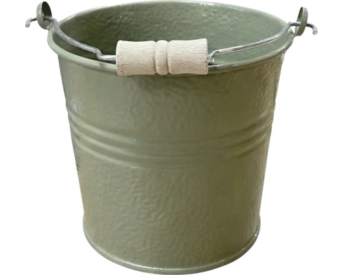 Metalleimer mit Holzgriff und strukturierter Oberfläche, olivgrün.