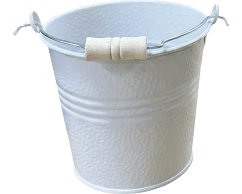 Weißer Metalleimer mit Holzgriff und strukturierter Oberfläche.