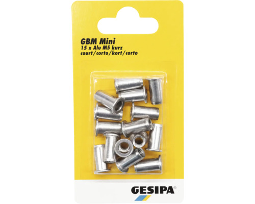 Écrou à rivet borgne Mini Ø 5 mm Pack de 15 pièces 15 écrous à sertir Gesipa GBM Mini en aluminium, M5, version courte, Gesipa Logo.