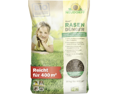 Neudorff Azet Rasendünger, 20 Kilogramm Sack für 400 Quadratmeter, organischer Dünger aus 100 Prozent natürlichen Rohstoffen, granuliert.