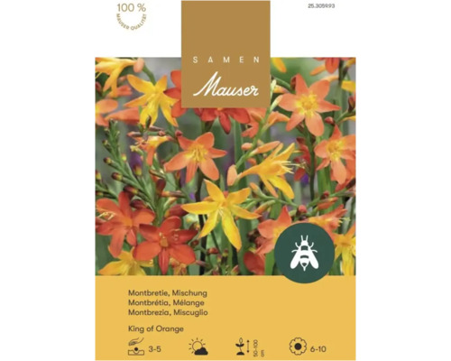 Semences Mauser Montbrétia mélange King of Orange, bulbes pour fleurs orange et jaunes, favorable aux abeilles.
