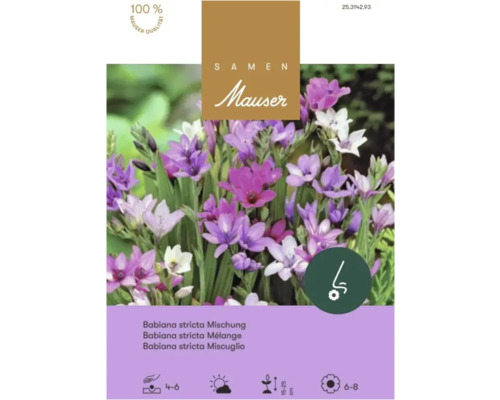 Sachet de graines Samen Mauser pour mélange Babiana stricta, fleurs violettes et blanches, logo Mauser, sceau de qualité et symboles de plantation.