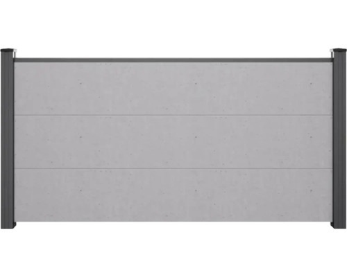Vorgartenzaun GroJa BasicLine 180 x 90 cm Concrete Grey Sichtschutzzaun mit horizontalen Paneelen in Betonoptik und Metallpfosten.