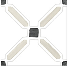 Quadratische Fliese mit geometrischem Muster bestehend aus einem dunklen Quadrat in der Mitte und diagonalen hellen Streifen.