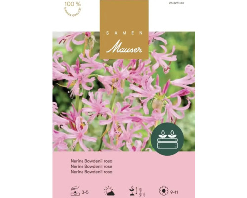 Logo Samen Mauser, Nerine Bowdenii rose, fleurs aux pétales ondulés, profondeur trois à cinq centimètres, hauteur 45 à 60 centimètres.