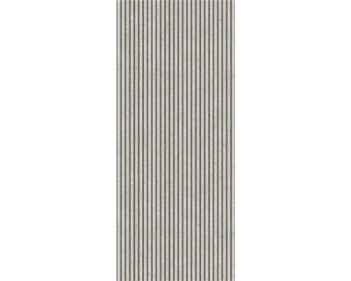 Panneau acoustique avec lattes verticales et effet pierre.
