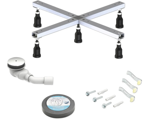 Kit de montage pour bac de douche Ø 90 mm Kit de montage pour receveur de douche avec support métallique réglable, vidage avec siphon, ruban d'étanchéité et matériel de fixation.
