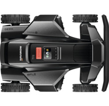 Draufsicht auf den Mähroboter Segway Navimow X420 mit Bedienfeld, Display, Stopp-Taste und Geländereifen.