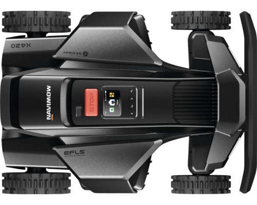 Draufsicht auf den Mähroboter Segway Navimow X420 mit Bedienfeld, Display, Stopp-Taste und Geländereifen.