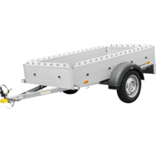 Einachsiger PKW-Anhänger aus Metall mit Bordwänden inklusive Verzurrpunkten an der Oberkante.