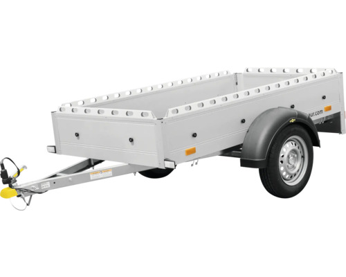 Einachsiger PKW-Anhänger aus Metall mit Bordwänden inklusive Verzurrpunkten an der Oberkante.