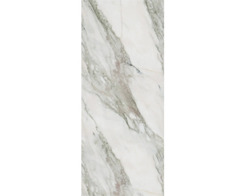 Carrelage en grès cérame aspect marbre avec veinures grises et beiges.