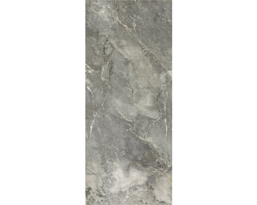 Carreau en grès cérame aspect marbre gris avec veinures blanches.
