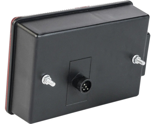 Vue arrière d un feu arrière de remorque avec deux boulons de montage et un connecteur à cinq broches.