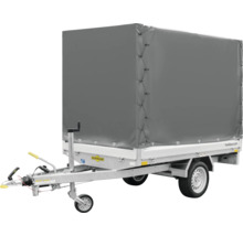 Humbaur Anhänger mit grauer Hochplane und Stützrad.