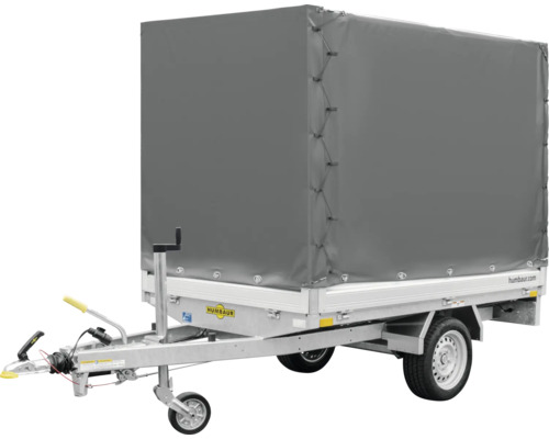 Humbaur Anhänger mit grauer Hochplane und Stützrad.