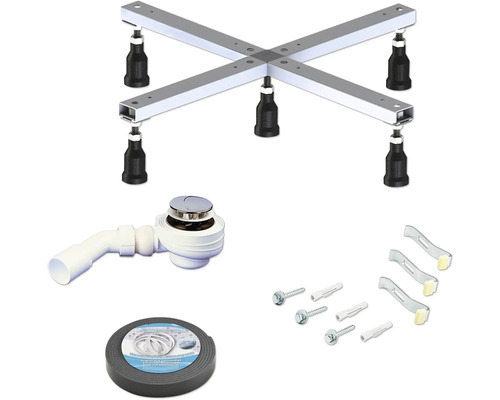 Kit de montage pour bac de douche Ø 50 mm Kit de pieds pour receveur de douche comprenant un support en croix métallique avec pieds réglables, vidage, ancrages et bande d'étanchéité.