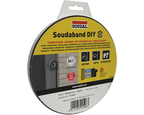 Bande d'étanchéité Soudal Soudaband DIY, noire, largeur 10 millimètres, longueur 12,5 mètres, expansion 1 à 3 millimètres, étanche à l'air et aux UV.