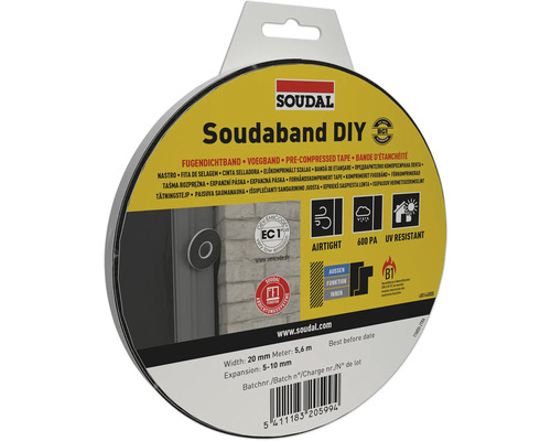 Bande d'étanchéité Soudal Soudaband DIY, 20 millimètres de large, 5,6 mètres de long, expansion 5 à 10 millimètres, résistant aux ultraviolets.