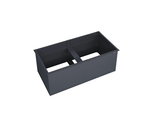Carré potager surélevé rectangulaire en métal anthracite avec barre centrale.