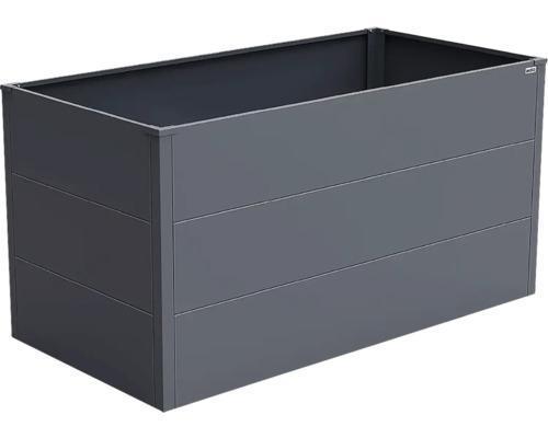 Carré potager rectangulaire en métal de couleur anthracite avec panneaux horizontaux.