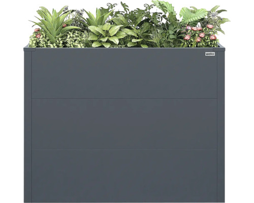 Carré potager surélevé Weka en métal anthracite, planté de diverses plantes vertes et de fleurs roses.