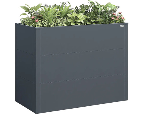 Carré potager surélevé en métal anthracite, garni de diverses plantes vertes et de fleurs, Weka Logo.