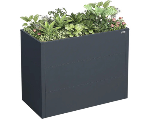 Bac à fleurs surélevé en métal anthracite, garni de diverses plantes vertes et fleurs, Weka Logo.