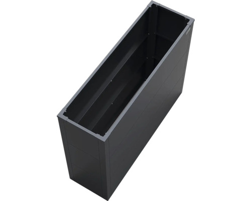 Jardinière haute et rectangulaire en métal de couleur anthracite pour le jardin et la terrasse.