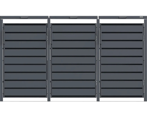 Cache-poubelle Weka pour trois poubelles en métal avec lattes horizontales.