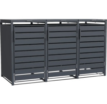 Cache-poubelle triple en métal anthracite avec lamelles horizontales et trois portes.