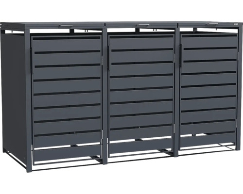 Cache-poubelle triple en métal anthracite avec lamelles horizontales et trois portes.