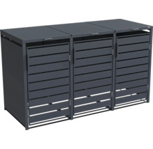 Cache-poubelle pour 3 poubelles en métal anthracite avec façade à lamelles et couvercles rabattables.