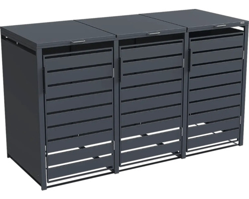 Cache-poubelle pour 3 poubelles en métal anthracite avec façade à lamelles et couvercles rabattables.