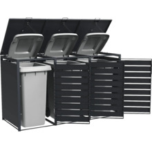 Cache-poubelle triple en métal anthracite avec couvercles relevables et portes à lamelles.